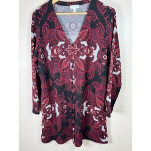Susan Graver Women’s Cardigan Long Length Large Paisley Lagenlook Button front